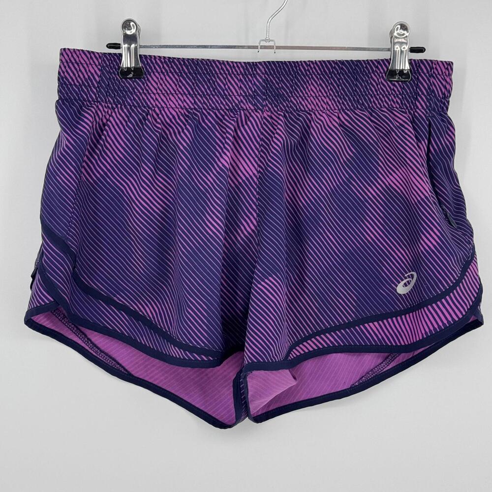 ASICS Running Shorts Womens Small Purple Stripe Athletic Gym Drawstring Pockets